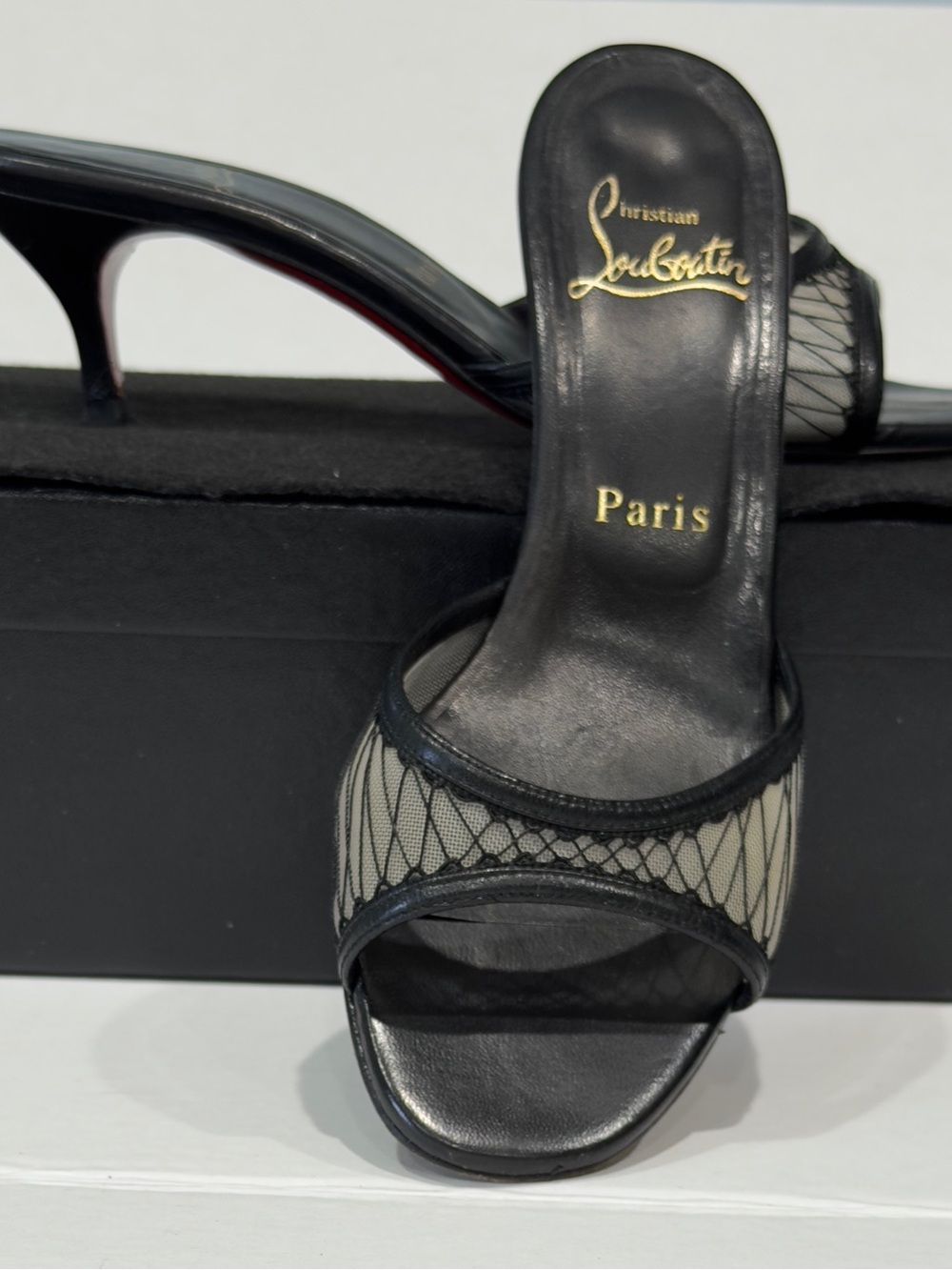 Christian Louboutin Black and Cream Mesh Slide Mules with Red Sole